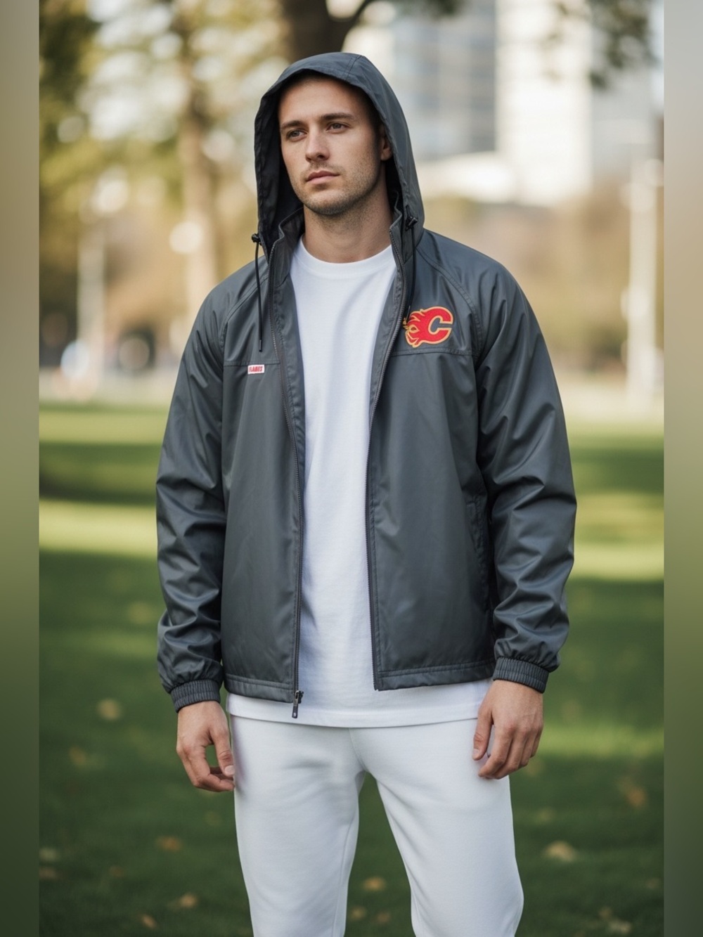NHL Calgary Flames Nylon Coated Coach Jacket- Size Large-Rolled hood